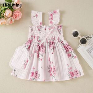Ensemble de robe de filles en 2 pièces, sac à bandoulière, jupe à suspense plissée pour enfants d'été, jupe de princesse petite fleur de rose élégante