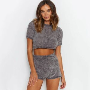 2 Stuk Set Sexy Dames Gebreide Outfits Crew Neck Short Mouw Crop Top + Hoge Taille Skinny Knit Shorts Beach Sets 210517