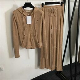 2 pièces ensemble femmes vêtements de créateur coupe ajustée à manches longues à capuche cardigan veste tricoté pantalon large couleur unie rétro décontracté ensemble survêtement femmes vestes tailleur-pantalon