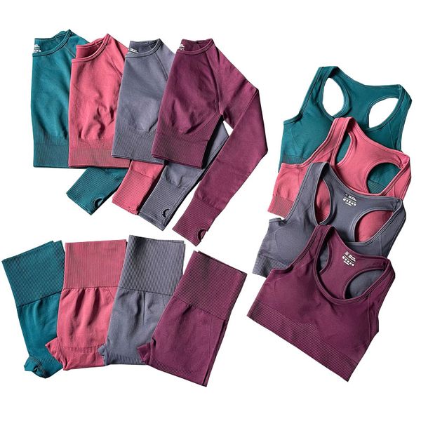 Nuevo traje de yoga para mujer, ropa de gimnasio sólida, conjuntos de entrenamiento, sujetador deportivo, mallas sin costuras, Top corto de manga larga, ropa de entrenamiento femenina, ropa deportiva, trajes de yoga, ropa deportiva