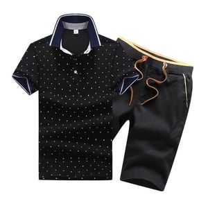 2 Stuk Sets Mannen Katoen Zomer Mens Polo Shirts Button Heren Sets Turn Down Neck 4XL Shorts and Polos for Men Clothes Slim Style 210601