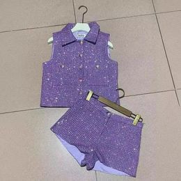 2 -delige shorts set outfit 2024 luxe paarse pailletten mouwloos vest tweed top en pak conjuntos cortos 240508