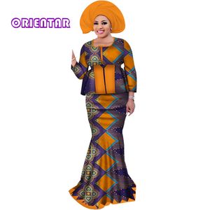 Twee stukken rok sets met headwrap afrikaanse bazin riche print patchwork top en zeemeermin rokken voor vrouwen Afrikaanse kleding WY3109