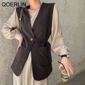 2 pièces costumes gilet longue robe sans manches poche veste manteau élégant solide à manches longues robes OL Style bureau dame 210412