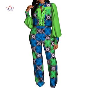 2 stuk Swets Womens outfit Volledige mouw Afrikaanse traditionele slijtage voor vrouwen Lange broek Bazin Riche Party Plus Size voor Lady WY5899