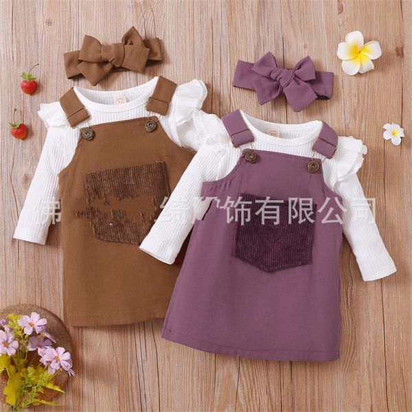 Conjuntos de ropa para niña pequeña de 2 piezas, camiseta blanca de manga larga y diseño de botones, conjunto de vestido para niños 1061 E3