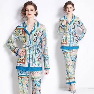 2-delige broekenset met wijde pijpen dames designer v-hals paisley bloemen tops en modebroeken met lange mouwen strik veters huiskleding sets 2023 lente herfst chic runway elegante pakken