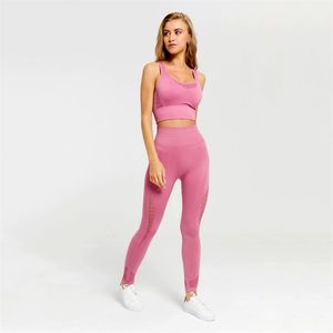 2 pièces Yoga Set Sport Outfit Femme Courir Vêtements d'entraînement sans couture Fitness Leggings + Longline Sports Bra Gym Wear Femmes 210802