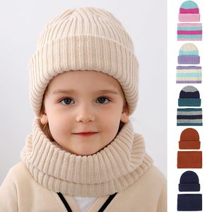 2 Pièces Bonnets Bébé Chapeau Épais Tricoté Chaud Bonnet Enfants Casquettes Écharpe Ensemble Solide Rayure Couleur pour Garçon et Fille Doux Hiver Neige Chapeau Enfant