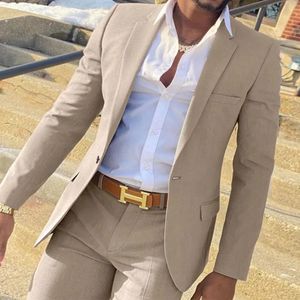 2 piezas Traje beige para hombres Fit del novio de boda delgado trajes de hueso de la moda masculina disfraz de fumar homme blazer con pantalones 240314