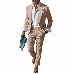 2 pièces costumes beiges pour hommes coupe ajustée marié smokings garçons d'honneur costumes mâle fi plage costume homme blazer avec pantalon f08V #