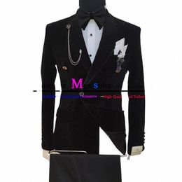 2 pièces noir Veet hommes costume ensemble coupe ajustée double boutonnage busin costumes masculins nouveau design garçons d'honneur vêtements de cérémonie blazer + pantalon t3Z1 #