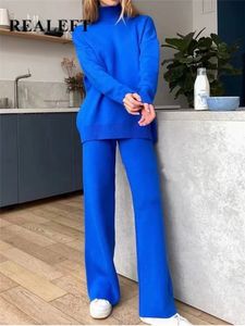Ensemble 2 pièces bleu pour femmes, survêtement tricoté, pull à col roulé et pantalon de Jogging droit, costumes 240122