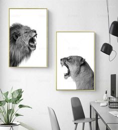 2 stuks canvas schilderij leeuw en leeuwin poster dier kunst aan de muur print foto zwart wit bos voor woonkamer thuis decor13677484