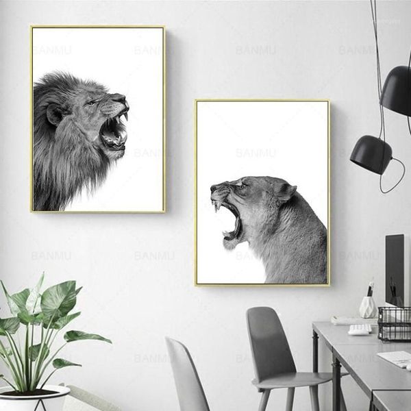 2 piezas de pintura en lienzo, póster de León y Leona, arte de pared de animales, imagen impresa, bosques blancos y negros para sala de estar, decoración del hogar 1294t