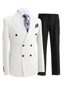 2 pièces Gentleman Double boutonnage revers Blazer hommes costume avec pantalon formel blanc Beige veste pour mariage marié Tuxedos 240311