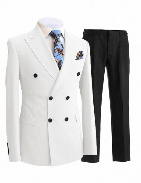 2 pièces Gentleman Gentleman Breasted Peak Blazer Blazer Mens Costume avec pantalon Veste beige blanche formelle pour le marié Tuxedos Q6VX #