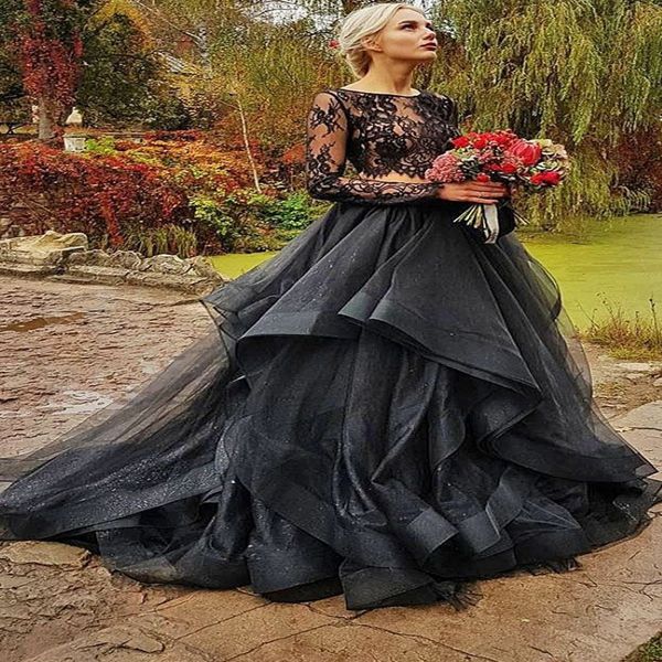 2 pièces gothiques noirs robes de mariée colorées avec couleur illusion en dentelle Ruffles Organza Jupe boho robes de mariage noires couture 269f