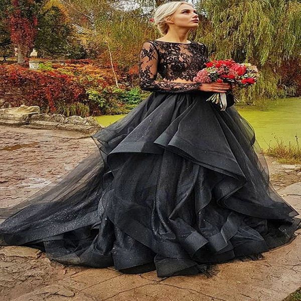 2 pièces noires gothiques robes de mariée colorées avec couleur illusion en dentelle Ruffles Organza Jupe boho robes de mariage noires couture 304u