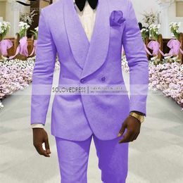 Traje de 2 piezas para hombre Lavanda Casual Floral Blazer Prom Purple Tuxedo Tweed Shawl Lapel Dinner Party White Jacket Wedding Grooms. 220817