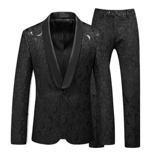 2 stuks heren tuxedo pak sets jacquard materiaal zwart wit retro revers slimmen bloemen bruiloft kleding man pak met pant x0909