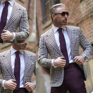 2 Stuks Mannen Pakken Mode Custom Made Plaid Bruiloft Smoking Single Breasted Fit Slim Piekte Revers Blazer Zakelijke Jas + broek