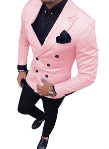 2 Stuks Mens Suits Slim Fit Business Double-Breasted Pakken Bruidegom Tweed Wol Pink Tuxedos voor Avond Bruiloft (Blazer + Pants) X0909