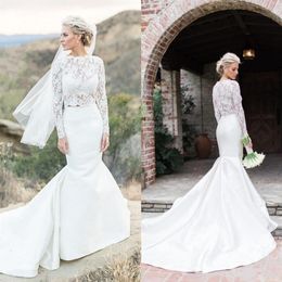 2 piezas Sirena Vestidos de novia Manga larga Ver a través de encaje Top Falda de satén Vestidos de novia Tren de barrido Tamaño personalizado 286p