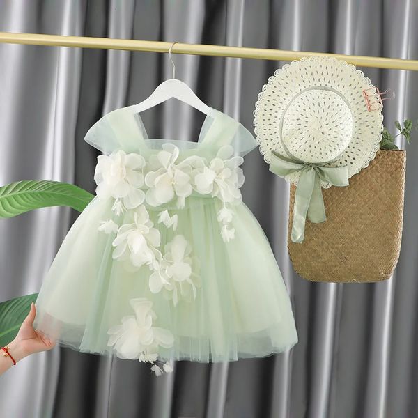 2 pièces de robe à la mode pour les jeunes enfants et les filles chapeau vert 0-5 ans robe d'été fille robe à fleurs pour enfants vêtements pour filles robe de princesse 240402