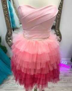 2 piezas Ombre Homecoming Dress 2022 Cupcake Red Carpet Couture Vestido de cóctel con volantes Evento formal Fiesta Graduación Night-Club Pink-Red Short Prom Sweetheart