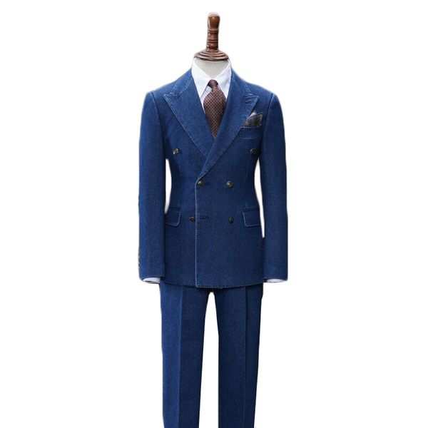 2 pièces Oxford Men Blue Handsome Double Breasted Custom Mated Man Suits Hans Casual Modern Tuxedos Pived Abled Blazer Business Coat + Pant