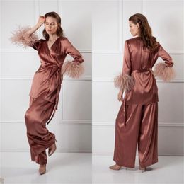 2 stuks broek + jas nachtjurk veer bruid nachtkleding gewaden chique lange mouw ruches zachte satijnen op maat gemaakte dressing pyjama's