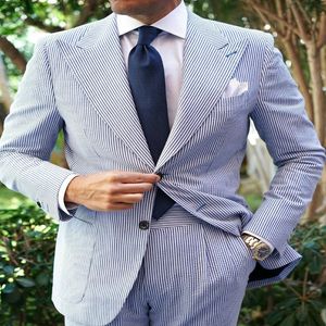 2 pièces Pinstripe Mens Mariding Cost Peak Apel Groom Wear Formal Prom Tuxedos Best Man Blazer Suit Jacket Pants 237O