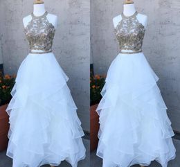 2 stuks prom jurken 2019 ruches gouden kant applique kralen kristal hoge nek holle rug avondjurken elegante formele kleding afstuderen