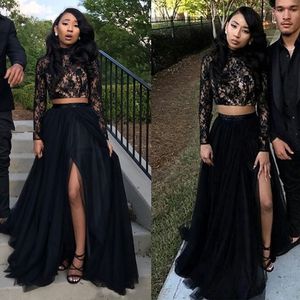 2 stuks prom jurken zwart hoge kraag lange mouw formele avondjurk Afrikaanse kant voorkant split party pageant jurken