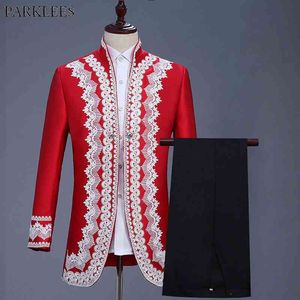 2 stuks Red Embroidery Stand Collar Pak Men Slim Fit Tailcoat Bruidegom Bruiloft Prom Dress Past met broek Mens Stage Kostuums 210522