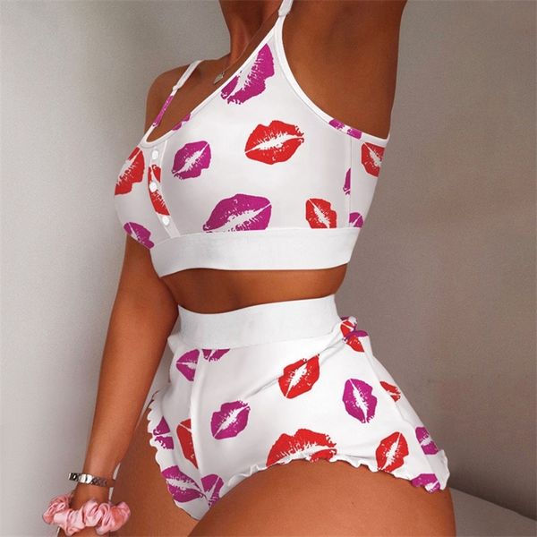 Conjunto de 2 piezas de pijama con labios rojos para niñas, ropa de dormir de otoño para mujer, camisón sin mangas, lencería Sexy para mujer, pijama 220527