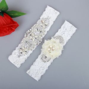 2 Stuks Set Bridal Garters voor Bruid Kant Bruiloft Garters Sexy Real Picture Pearls Blue Chiffon Flowers Handgemaakte Goedkope Bruiloft Been Garters