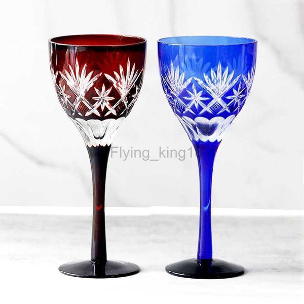 2 pièces/ensemble gobelets en verre coupés à la main pour effacer le cristal Edo Kiriko bleu rouge verres à pied cadeau de mariage 6.9in 5.3oz HKD230809