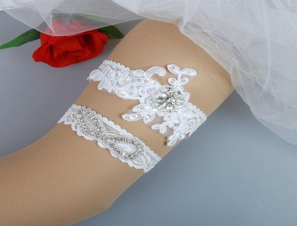 2 pièces Set Lace Bridal Garters Garters de mariage Real Picture Appliques Crystals Perles perlées Handmade Wedding Leg Garters Cheap 2042605