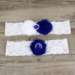 2 stuks Set Royal Blue Chiffon Flowers Bruids Been Garters Prom Kouseband Bruids Bruiloft Karter Belt Faux Pearls Free Size 17-21 inch