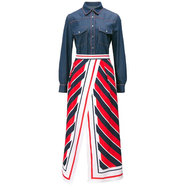 2 pièces ensemble piste jupes costume femmes à manches longues Denim hauts taille haute rétro Midi automne mode 210510