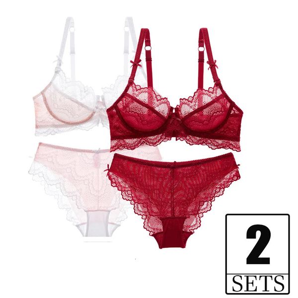 Conjunto de 2 piezas de sujetador y bragas transparentes sexy talla grande C D bordado para mujer Push Up sujetador ropa interior de encaje lencería blanco rojo 240304