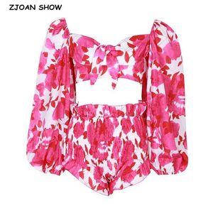 2 stuks set sexy vrouwen floral print stropdas boog crop top vakantie elastische ruches zoom hout oren mini shorts lantaarn lange mouw tops 210429