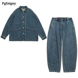 2-delige sets voor heren lente herfst ontwerp met grote zakken denim jack en afgeronde banaan jeans casual losse neutrale stijl paar streetwear m-5xl