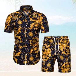 2 piezas Sets Summer Printing Rack Situit Men Fashion Fashion Floral Sexshorts Set Mens Hawaiian Beach Clothing 240408