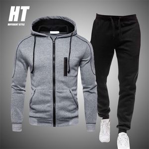2 stuks sets trainingspak mannen herfst rits hoodie sweatshirt + broek solide sportieve fitness hooded bovenkleding jas joggers pak 210722
