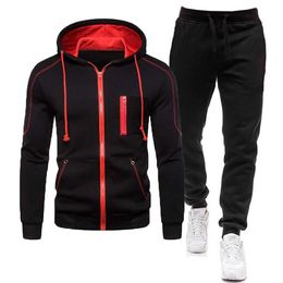 2 stuks sets trainingspakken mannen herfst rits hoodie sweatshirt + broek solide sportieve fitness hooded bovenkleding jas joggers pak