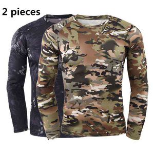 2 piezas de camisetas de camuflaje de primavera y otoño para hombre, camisetas de manga larga tácticas militares de secado rápido, camisetas del ejército T220808