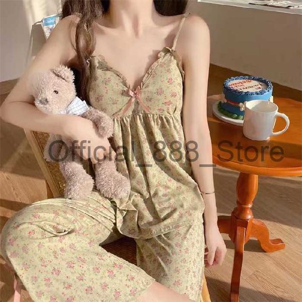 2 piezas traje estampado floral mujeres niñas pijama conjunto loungewear sexy cuello en v encaje ropa de dormir sin tirantes sujetador acolchado pijama ropa para el hogar x0817